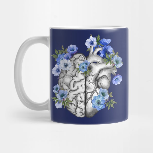 Right balance between head or brain and heart, Half heart and brain, blue anemones flowers anemoneus by Collagedream